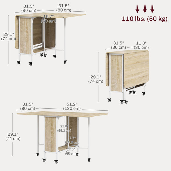 Table de salle à manger pliante extensible pour petits espaces, 6 roulettes, bois naturel