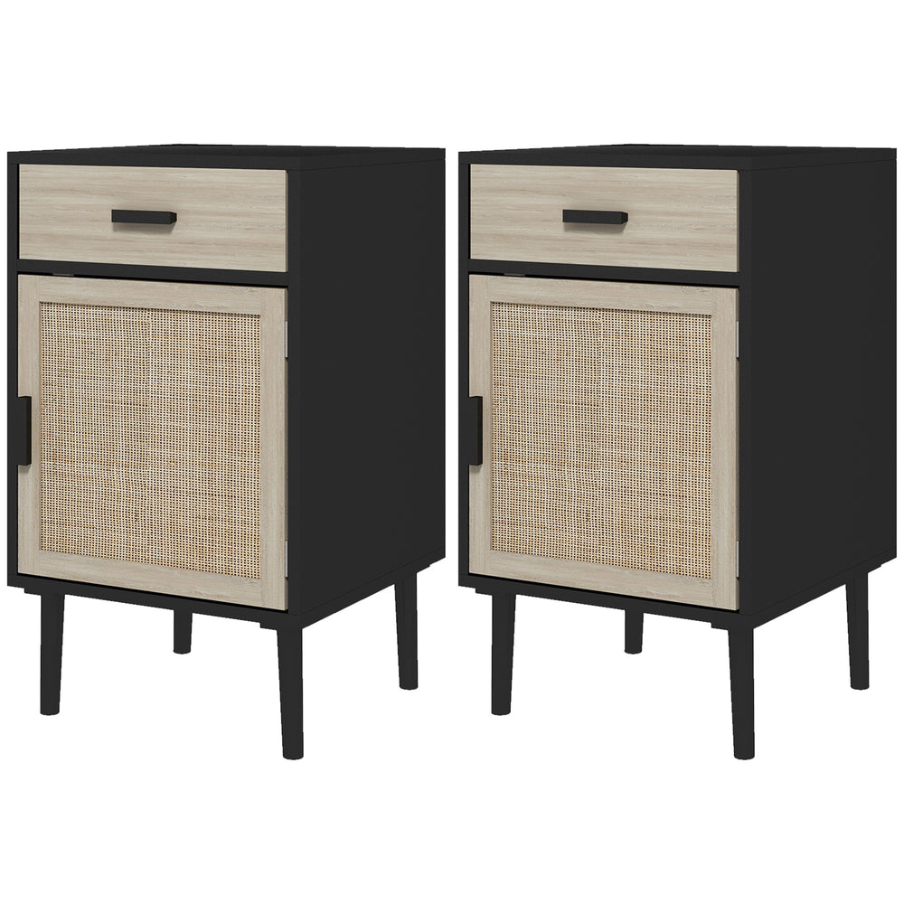 Lot de 2 tables de chevet bohèmes avec tiroir, meuble en rotin, étagère réglable pour chambre et salon, noir