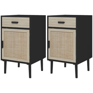 Lot de 2 tables de chevet bohèmes avec tiroir, meuble en rotin, étagère réglable pour chambre et salon, noir