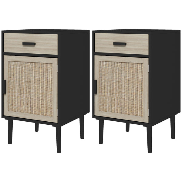 Lot de 2 tables de chevet bohèmes avec tiroir, meuble en rotin, étagère réglable pour chambre et salon, noir