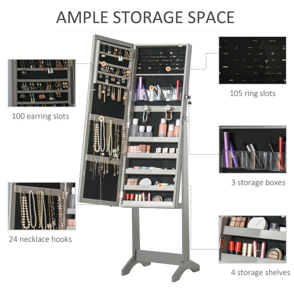 Armoire à bijoux verrouillable avec éclairage LED, miroir sur pied, gris