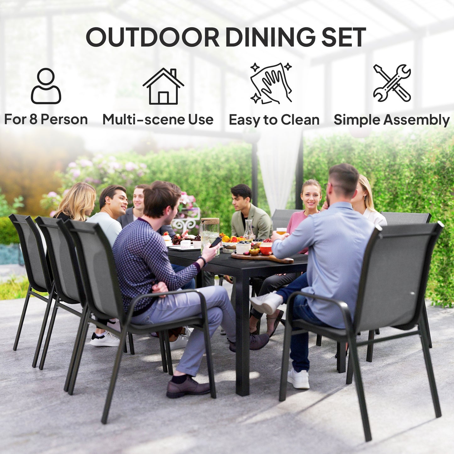Outsunny 9-Piece Dining Set with Stackable Chairs and Glass Top for Garden, Patio and Backyard, Grey