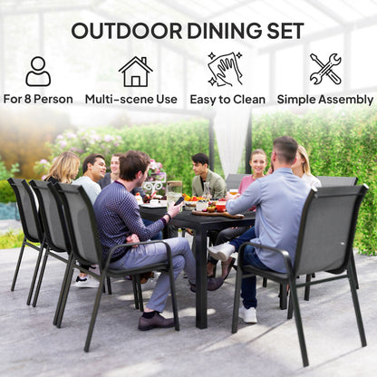 Outsunny 9-Piece Dining Set with Stackable Chairs and Glass Top for Garden, Patio and Backyard, Grey