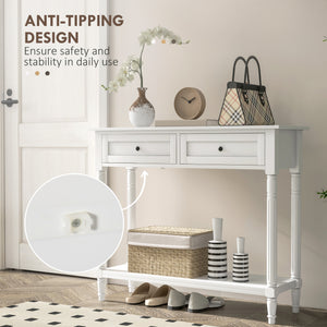 Modern Hallway Console Table with 2 Drawers, Storage Shelf, Turned Legs, White