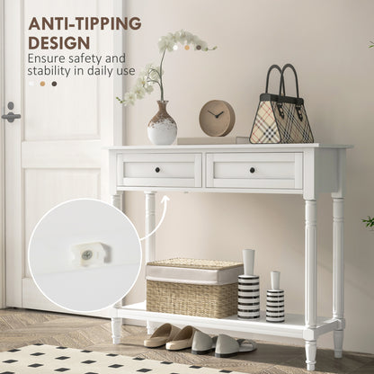 Console d'entrée moderne avec 2 tiroirs, étagère de rangement, pieds tournés, blanc