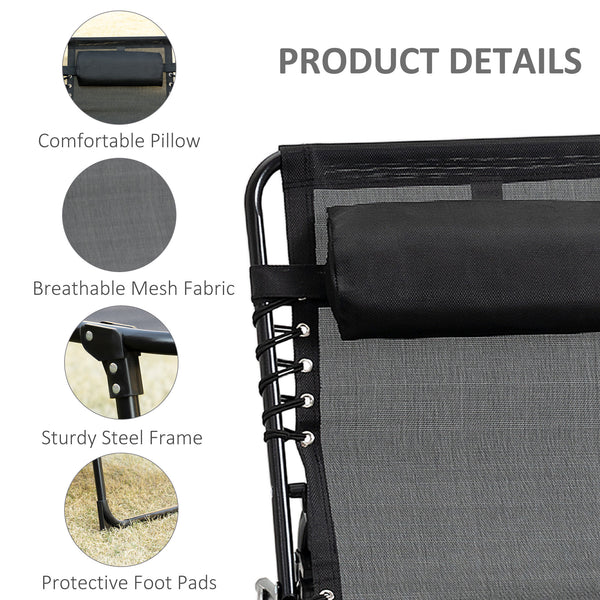 Chaise longue pliante avec dossier réglable et coussin amovible, noir