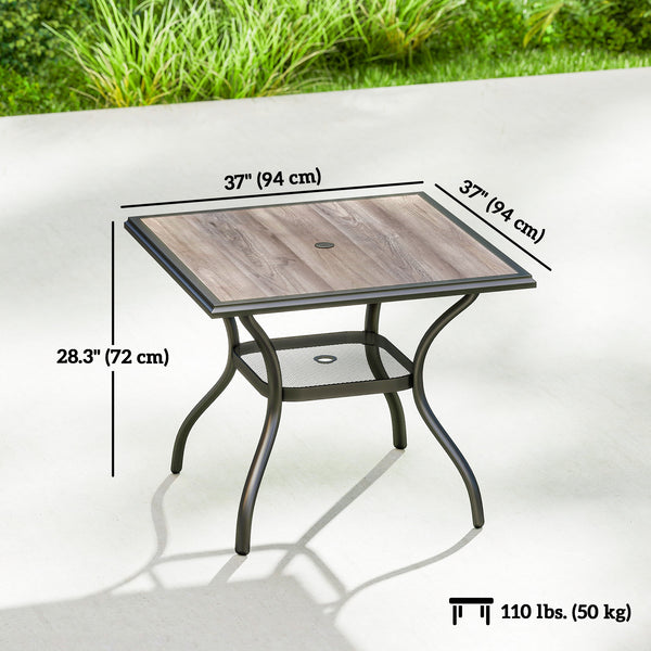 Table de jardin carrée pour 4 personnes, avec trou pour parasol, grise