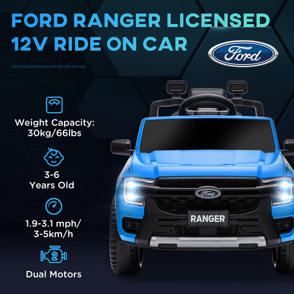 Ford Ranger 12 V sous licence avec télécommande, suspension à ressorts, bleu