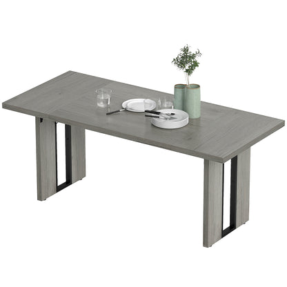 Table de cuisine industrielle pour 8 personnes avec plateau épais, finition bois gris