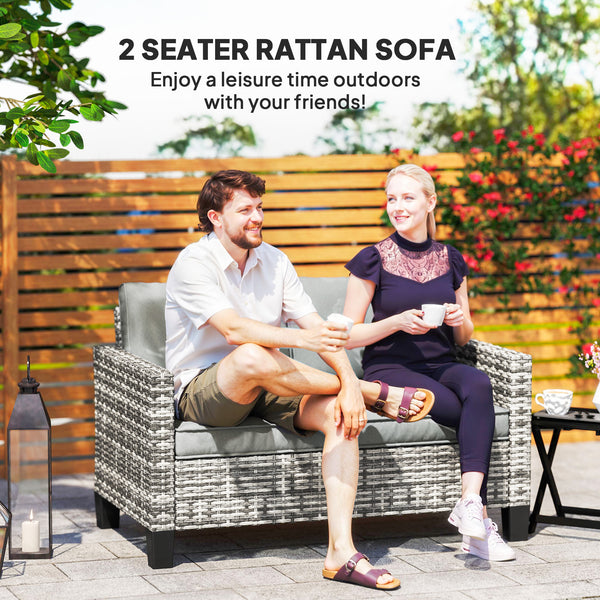 Two-seater outdoor rattan sofa with cushions and armrests, dark grey