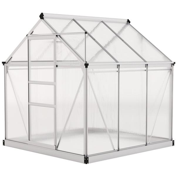 Serre avec gouttière, ventilation et porte coulissante, couleur argent