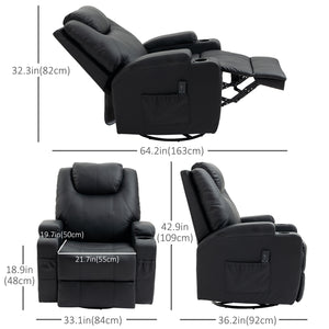 Fauteuil massant inclinable à bascule pivotant avec 8 points de vibration, cuir synthétique, porte-gobelets, poches latérales, noir