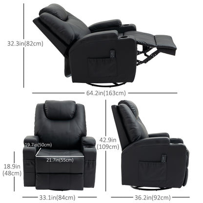 Fauteuil massant inclinable à bascule pivotant avec 8 points de vibration, cuir synthétique, porte-gobelets, poches latérales, noir