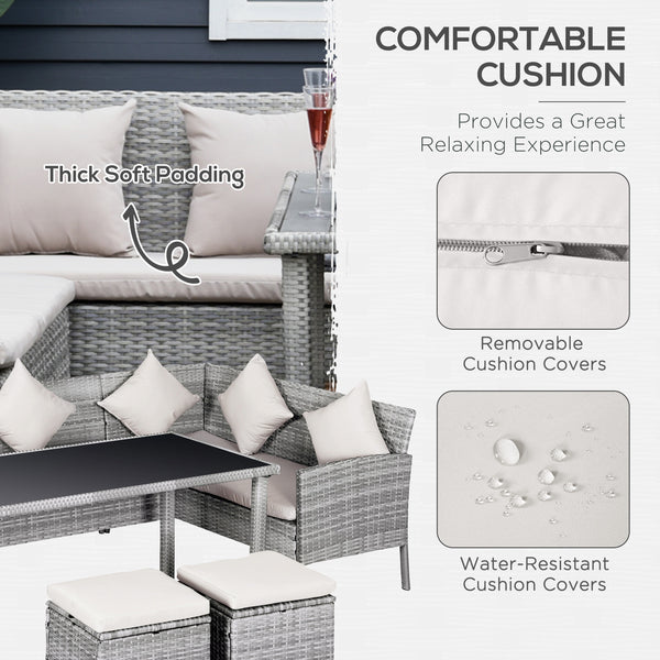 Ensemble de mobilier 5 pièces en résine tressée avec coussins, table et poufs, blanc crème