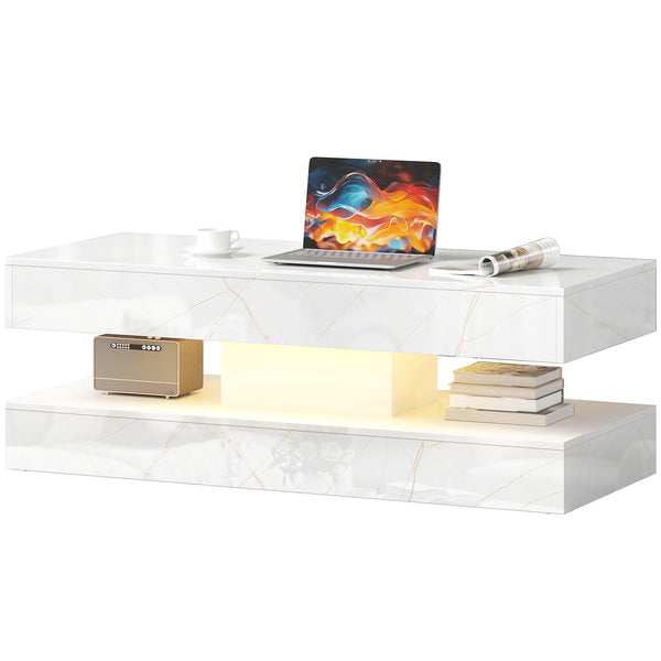Coffee table with adjustable LED lighting, 2 drawers, open shelf, remote control, glossy white marble-effect lacquered finish