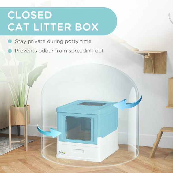 Enclosed litter box with scoop and tray, blue