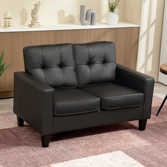 Causeuse rembourrée en similicuir avec accoudoirs, dossier capitonné, coussin, noir