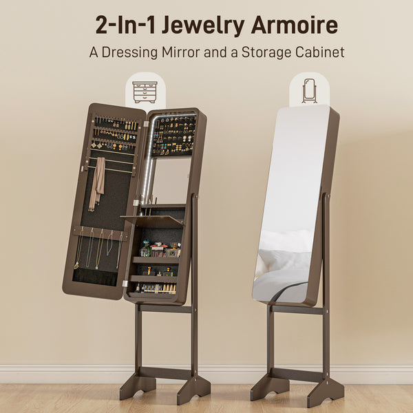 Armoire à bijoux sur pied avec miroir, éclairage LED, marron