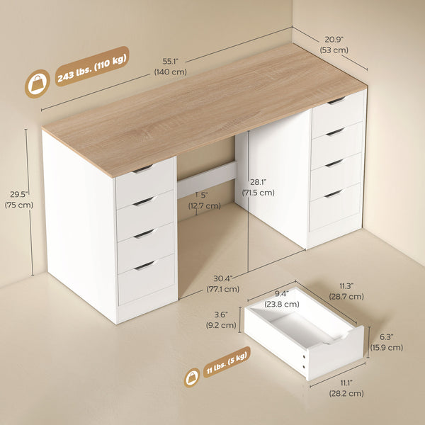 Bureau à 8 tiroirs moderne pour bureau ou salon, blanc