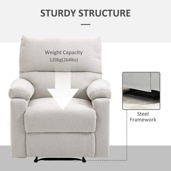 Fauteuil inclinable manuel avec repose-pieds et assise rembourrée, blanc crème