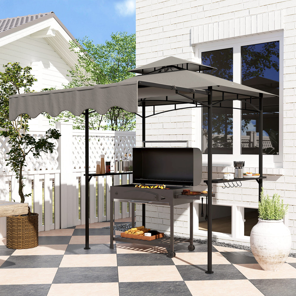 8' x 5' Grill Gazebo, Double Tiered Barbecue Grill Gazebo Shelter with Side Awning, 2 Side Shelves, 6 Hooks, Light Grey