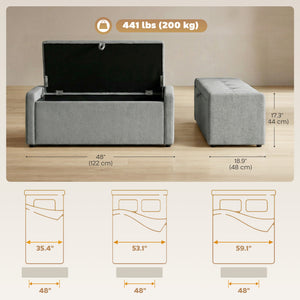 Banc-pouf de rangement, revêtement en tissu aspect lin, assise large rembourrée, gris clair