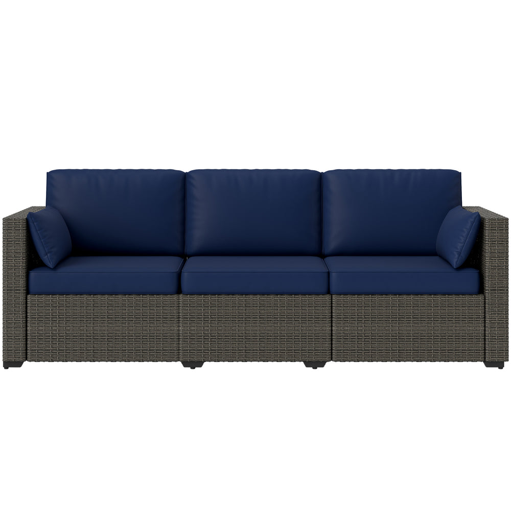 3-Seater Outdoor Sofa with Cushions, PE Rattan Conversation Sofa with Pillows, Blue/Brown