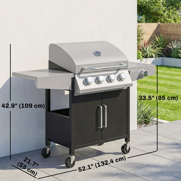 4+1 burner propane gas barbecue with side burner, warming rack and side shelf.