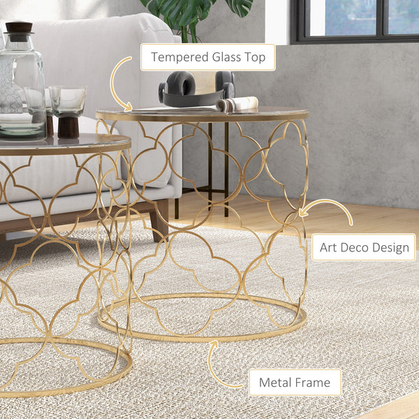 Lot de 2 tables basses gigognes en verre trempé doré
