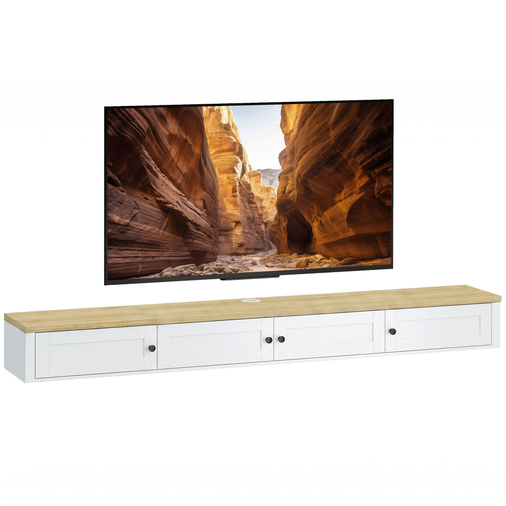 Meuble TV flottant mural jusqu’à 82 po avec rangement et station de recharge, blanc