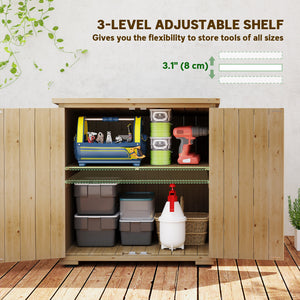 Natural wood garden shed with shelf and double door
