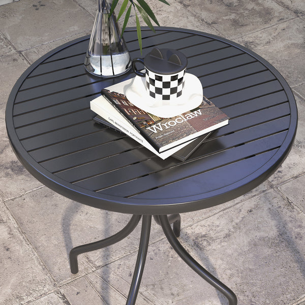 26" Round Patio Table, Outdoor Side Table with Steel Frame and Slat Tabletop for Garden, Balcony, Black