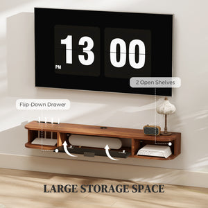 47" Floating Wall Mounted TV Stand with Drop-Down Drawer and 2 Open Shelves, Walnut