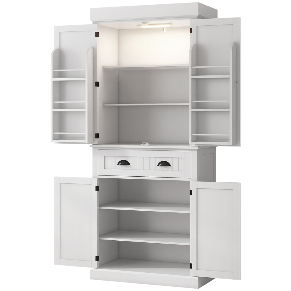 71" Kitchen pantry with LED lighting, 6 spice racks, 1 drawer and 4 adjustable shelves, white