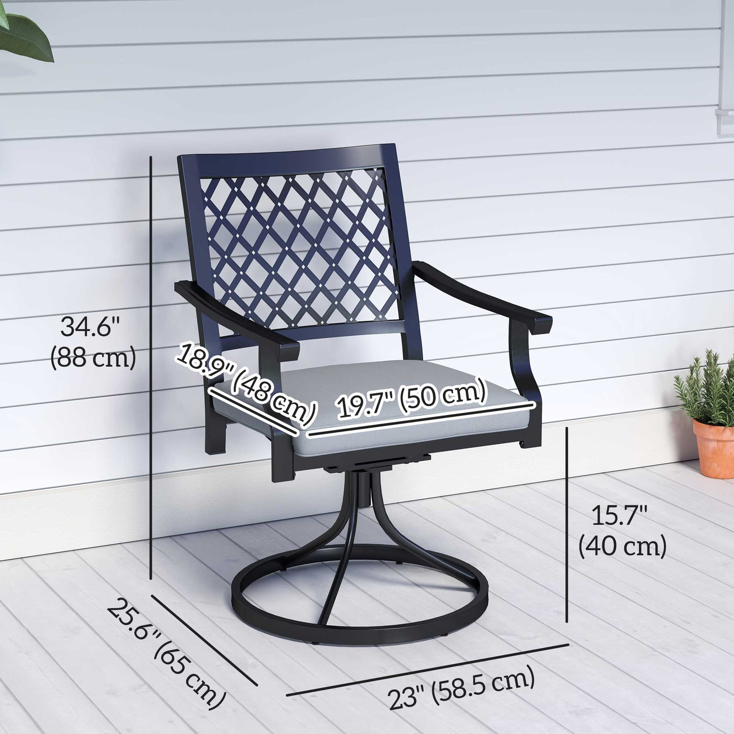 Lot de 2 chaises pivotantes et à bascule en métal avec coussin et accoudoirs