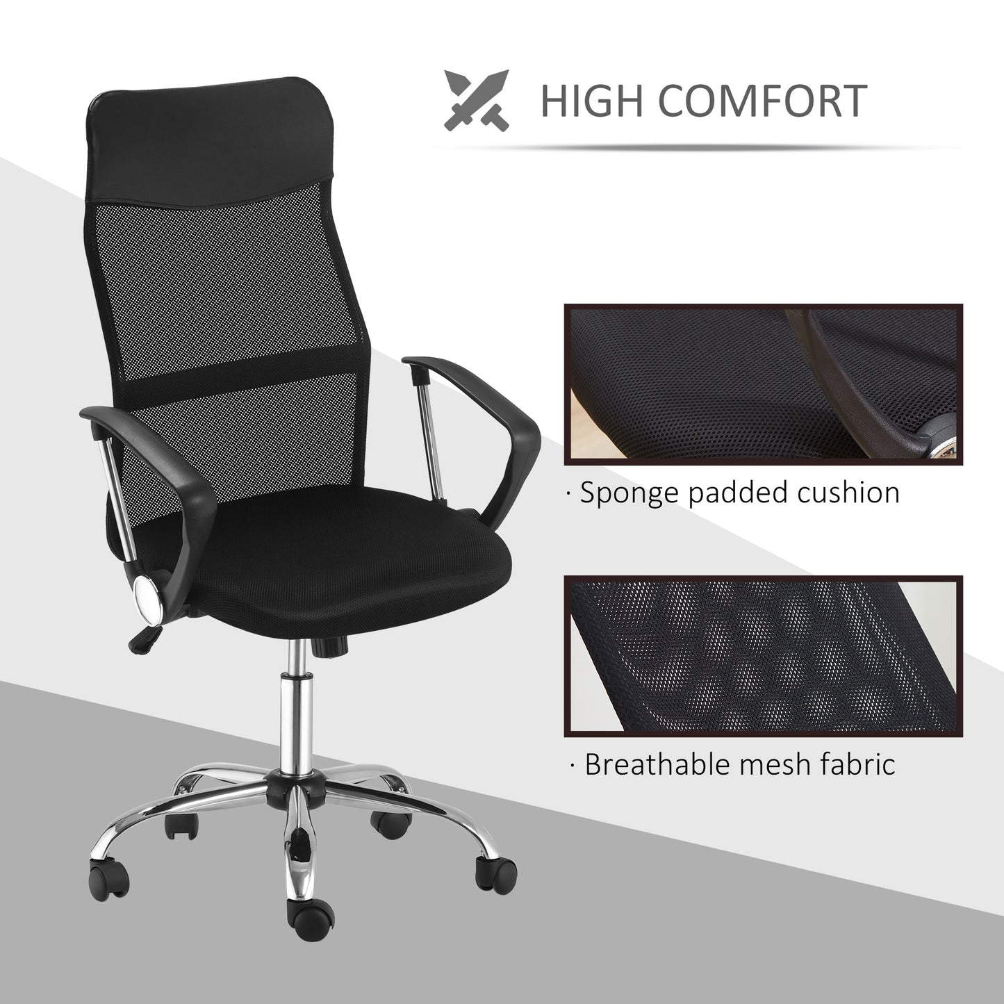 Mesh Office Chair, High Back, Swivel, Adjustable Height, Casters, Black