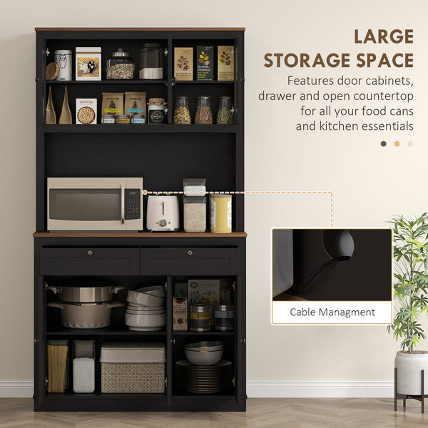 Armoire de rangement avec espace micro-ondes, buffet avec huche, 2 tiroirs, étagères réglables et portes vitrées, noir