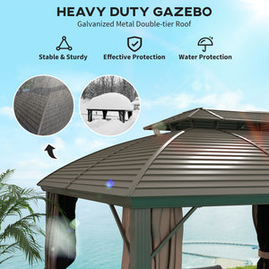 Gazebo 10' x 12' à toit rigide avec double toit, filet et rideaux pour jardin, cour, terrasse,