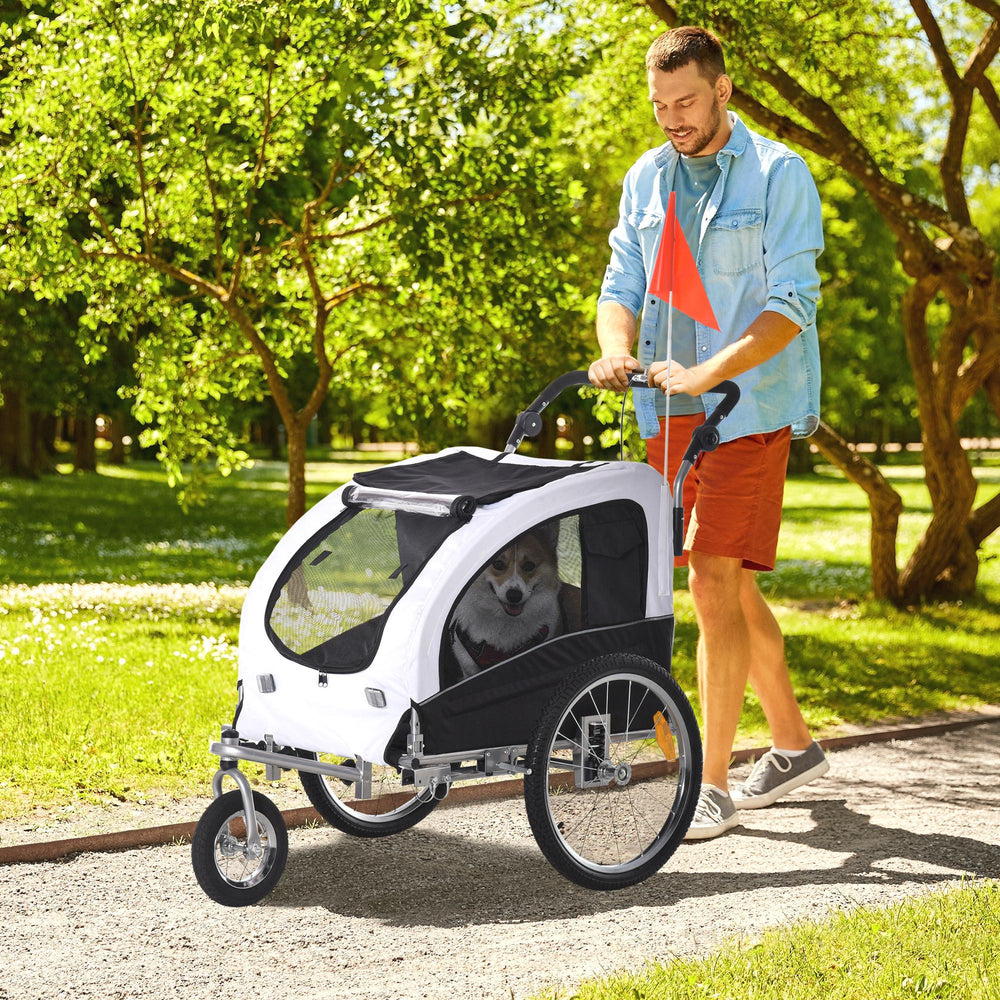 Remorque vélo pour chien 2-en-1 avec suspension et poches de rangement, blanche