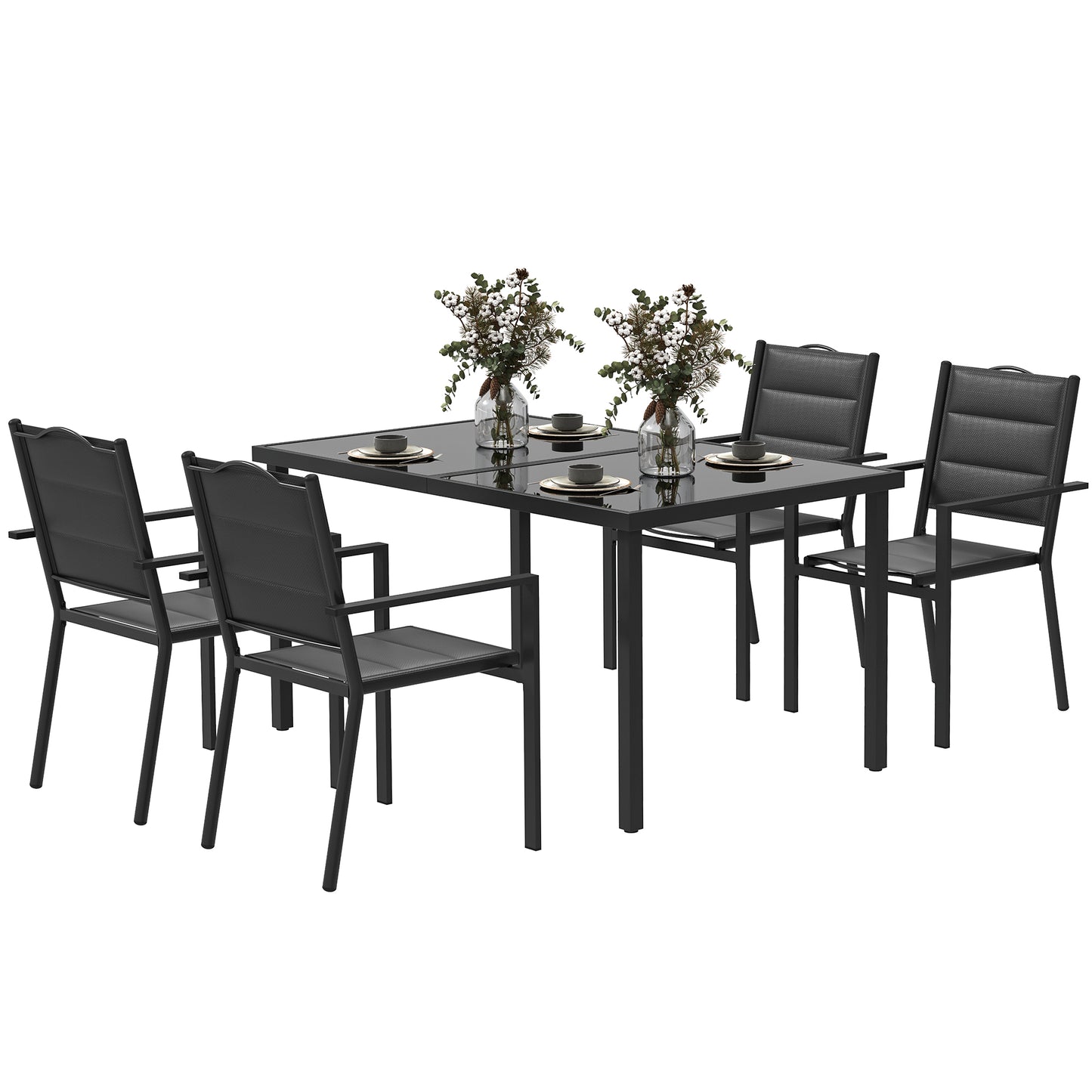 Ensemble de salle à manger d'extérieur 5 pièces avec 4 chaises empilables, table rectangulaire, plateau en verre trempé, structure en acier, noir