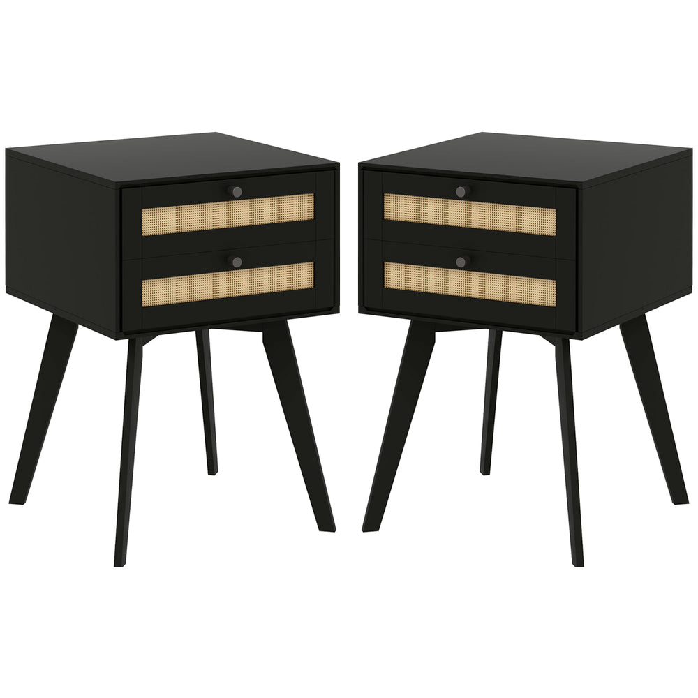Lot de 2 tables de chevet bohèmes avec 2 tiroirs en rotin, noir