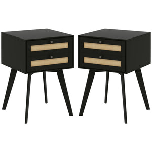 Lot de 2 tables de chevet bohèmes avec 2 tiroirs en rotin, noir