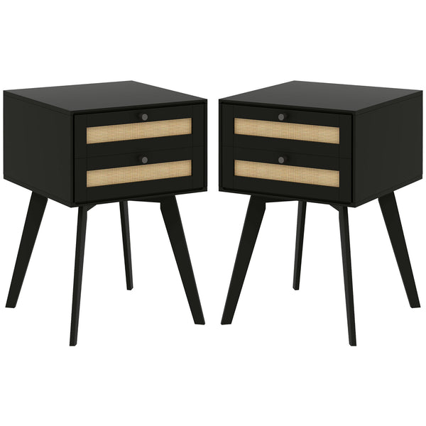 Lot de 2 tables de chevet bohèmes avec 2 tiroirs en rotin, noir