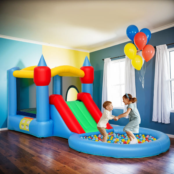 Château gonflable 4 en 1 avec toboggan, panier de basket, piscine à balles, souffleur et sac de rangement, 410 x 205 x 190 cm