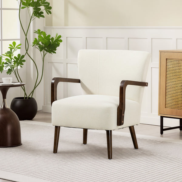 Fauteuil d'appoint avec pieds en bois, rembourrage épais, blanc crème