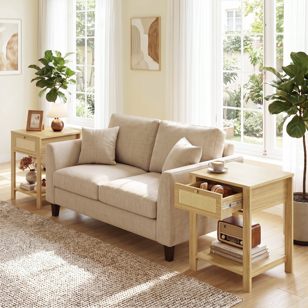 Tables d’appoint avec tiroir, effet bois naturel, ensemble de 2
