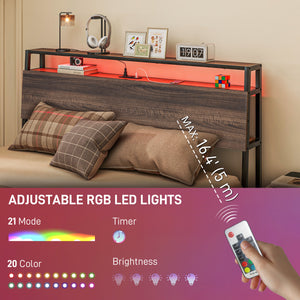 Cadre de lit Queen Size avec éclairage LED et station de charge, noyer