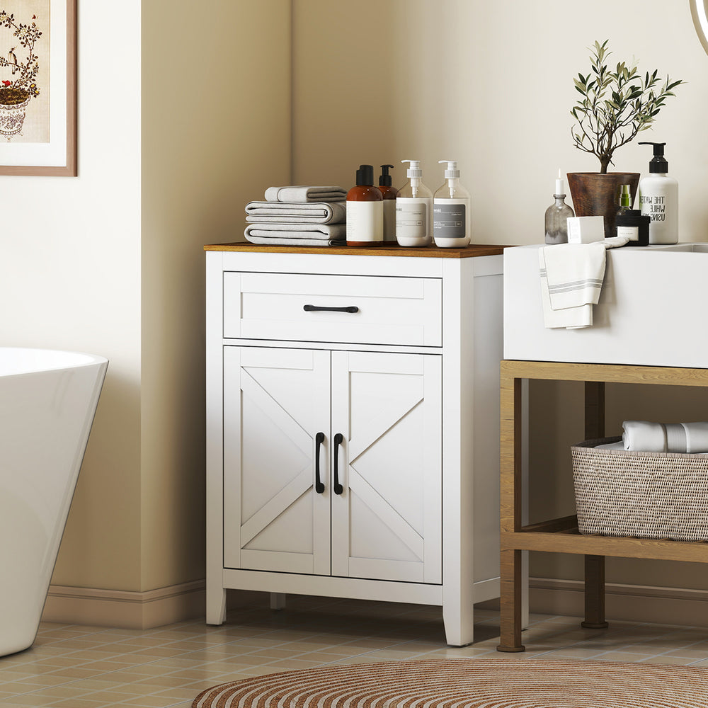 Armoire de salle de bain avec tiroir, blanc et noyer