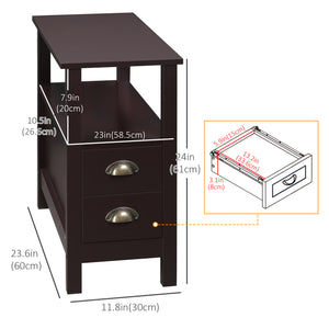 Table d'appoint étroite avec 2 tiroirs et étagère de rangement, café