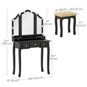 Coiffeuse avec tabouret, 10 lumières LED, 5 tiroirs et 3 compartiments, noir